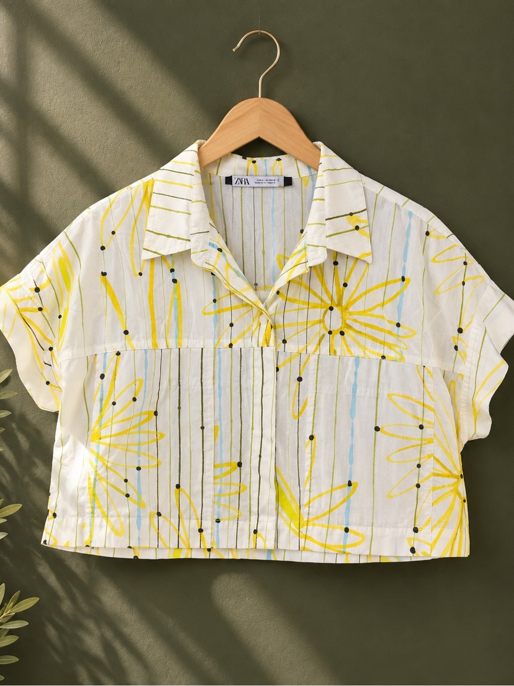 Zara White Cropped Button-Up Top with Yellow Floral Print